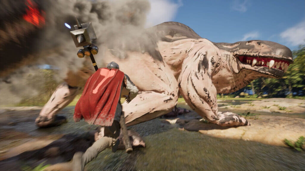 Armored player swings explosive hammer at beast's leg as smoke billows around them