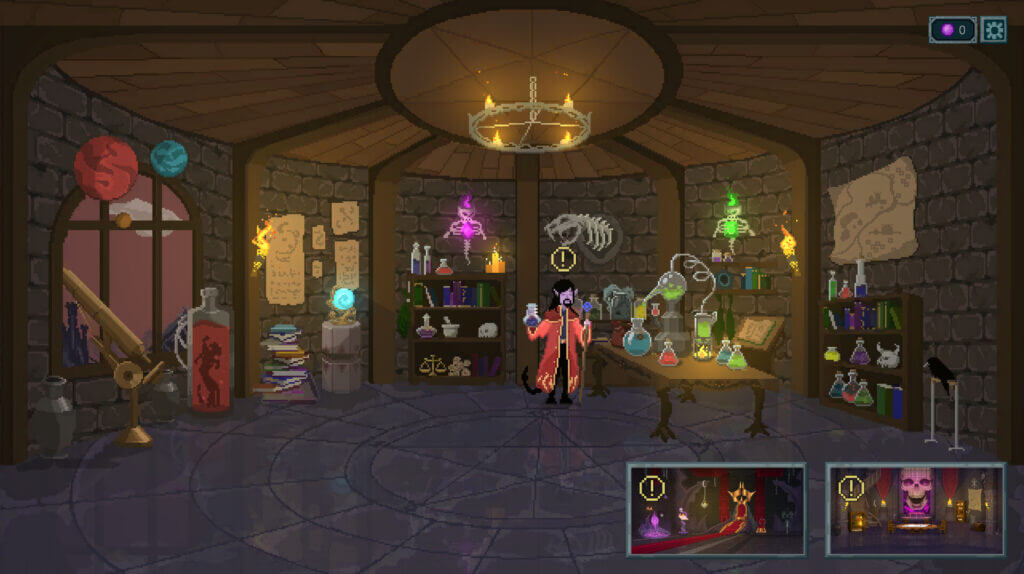 Pixel-art laboratory scene in The Chronicles of Overlord featuring a demon alchemist.