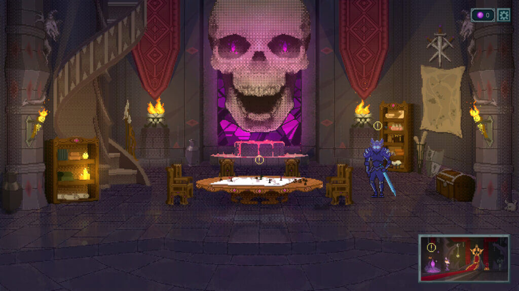 A medieval fantasy war room featuring a large skull decoration in The Chronicles of Overlord.