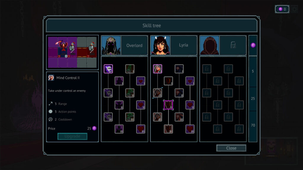 Skill tree interface showing character upgrades in The Chronicles of Overlord.