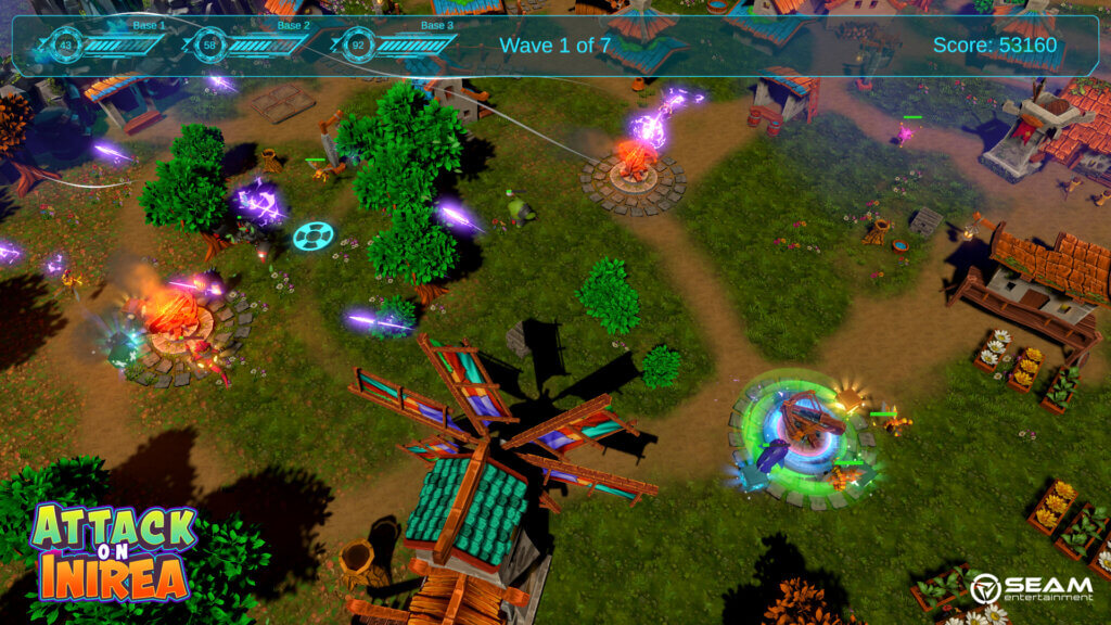 Three village bases firing at enemies in daytime map with player score visible