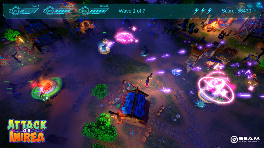 Nighttime battle scene with glowing purple projectiles and base health bars