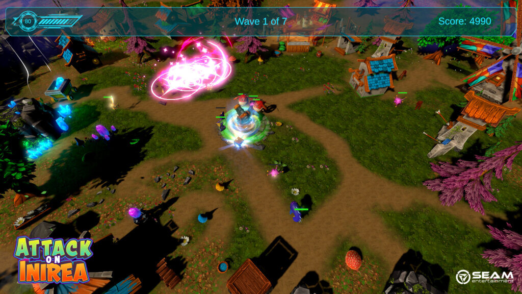 Top-down view of crystal fields and monster attack on base during daytime