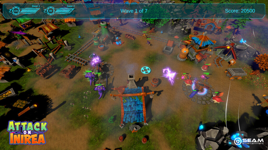 Market-style village with multiple enemies attacking bases under player defense