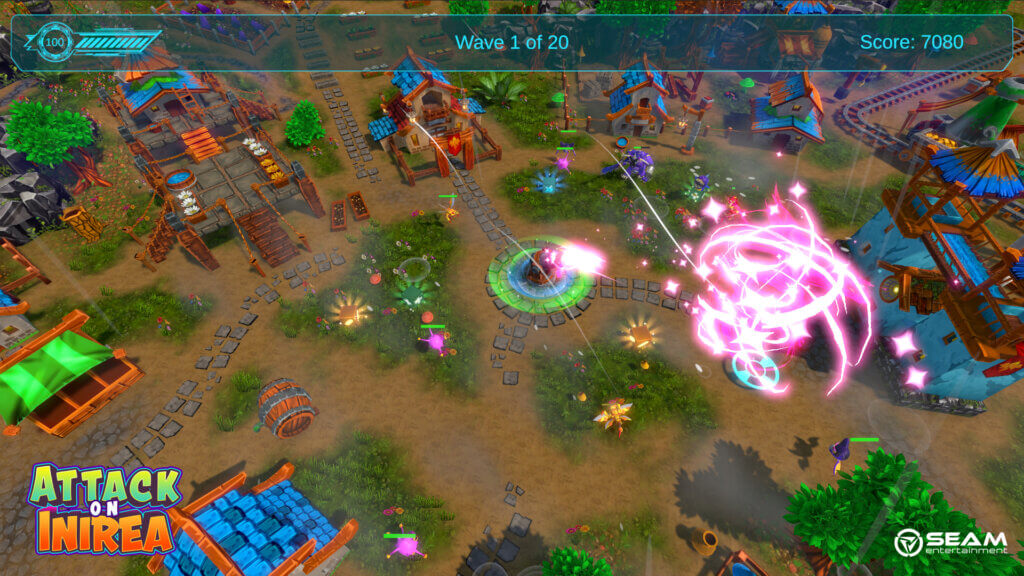 Multiple glowing enemies attack central base in daytime wave defense