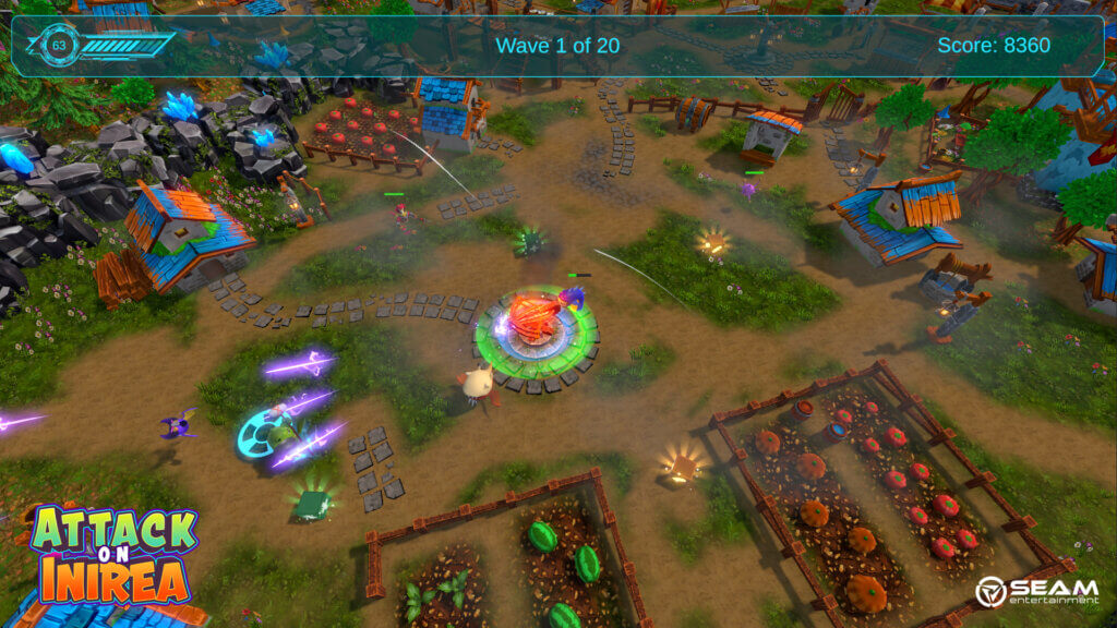 Garden-themed map with turret base under attack by several small monsters