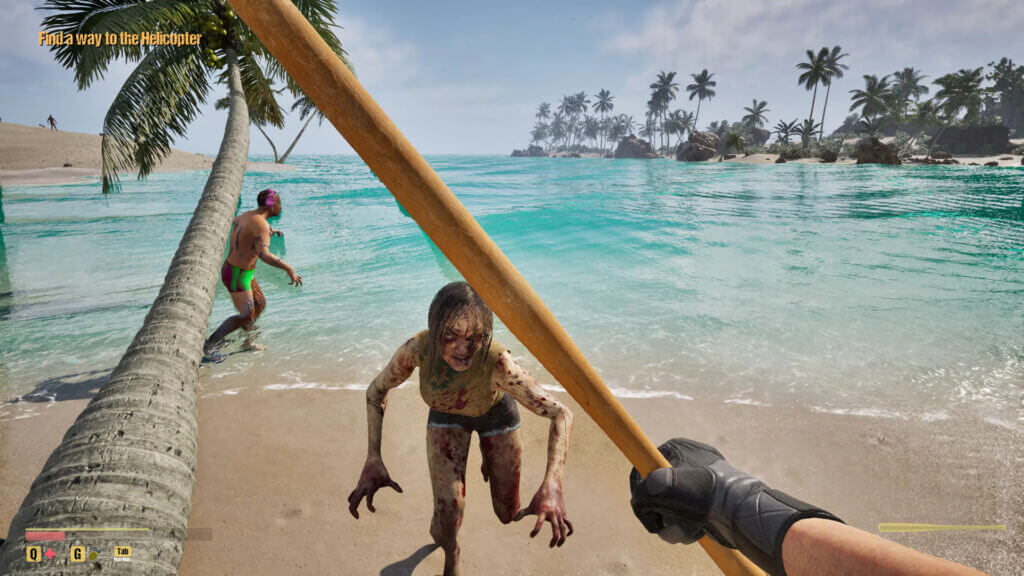 Player attacking a zombie with a wooden bat on a tropical beach