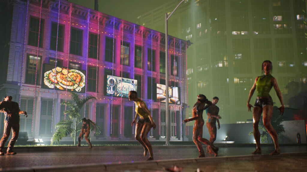 Zombies approaching a neon-lit hotel building at night