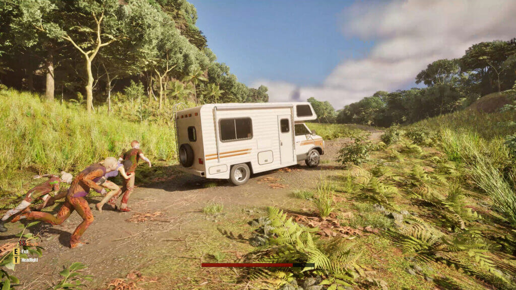 Zombies chasing an RV down a forest path