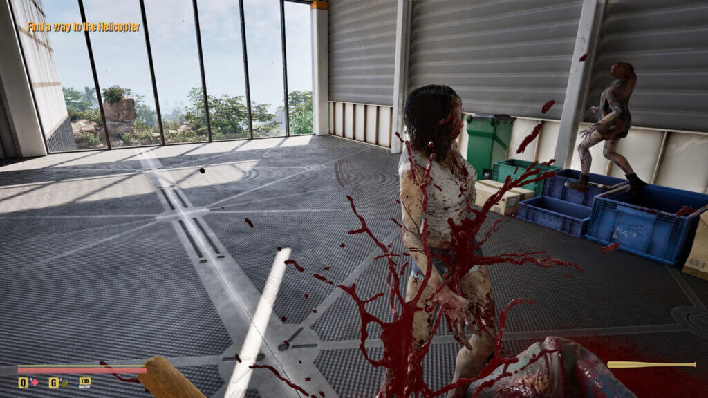 First-person melee attack on a zombie inside a modern facility