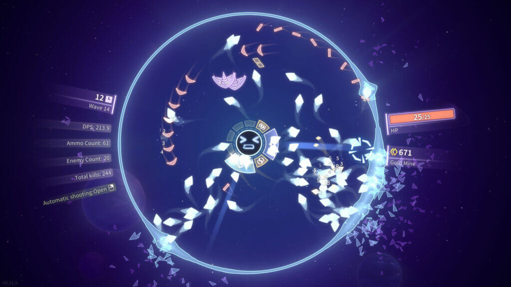 Shooper Nova gameplay showing Wave 14 with radial bullet patterns, gold mine stats, and DPS indicators.