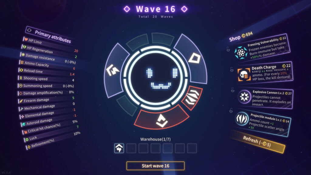 Shooper Nova upgrade screen before Wave 16 showing primary attributes and component shop options.