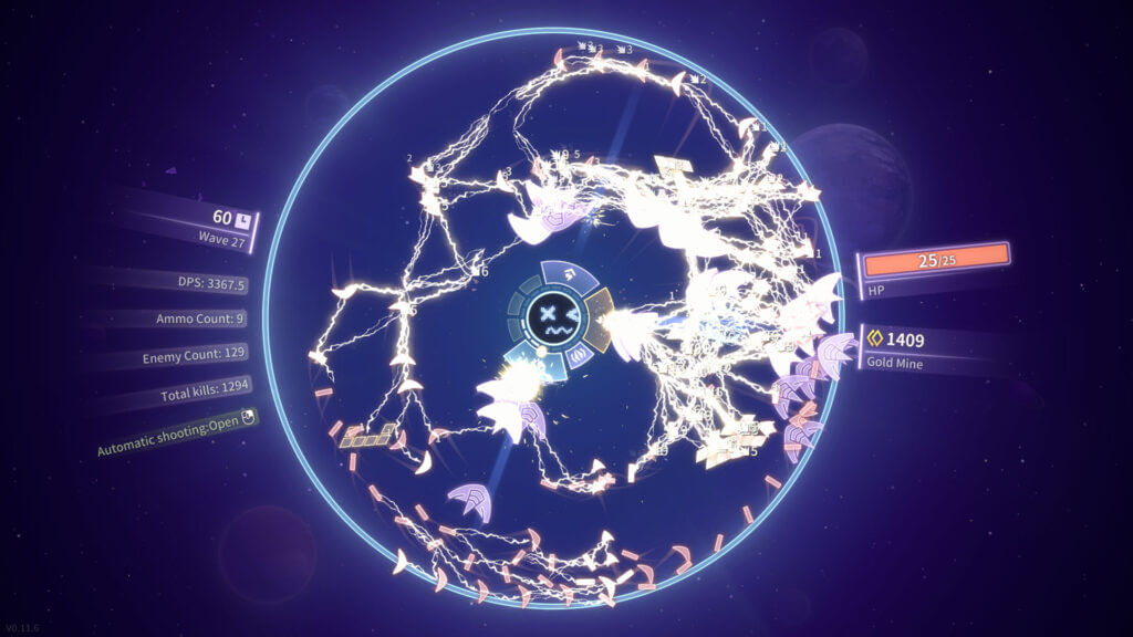 Shooper Nova intense battle during Wave 27 with high DPS, massive enemy wave, and lightning attack effects.
