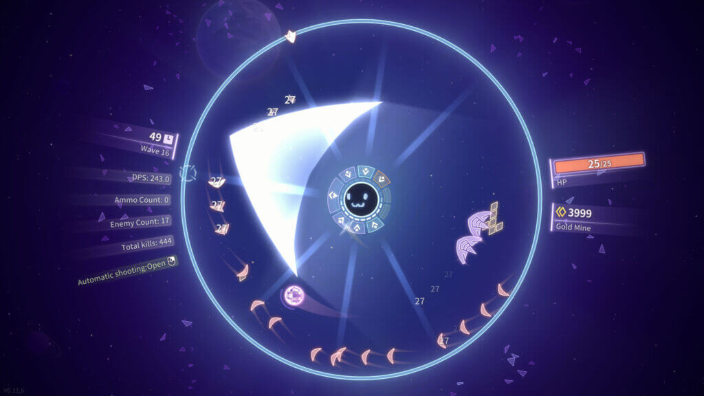 Shooper Nova during Wave 16 showing wide-angle white cone attack and low ammo count.
