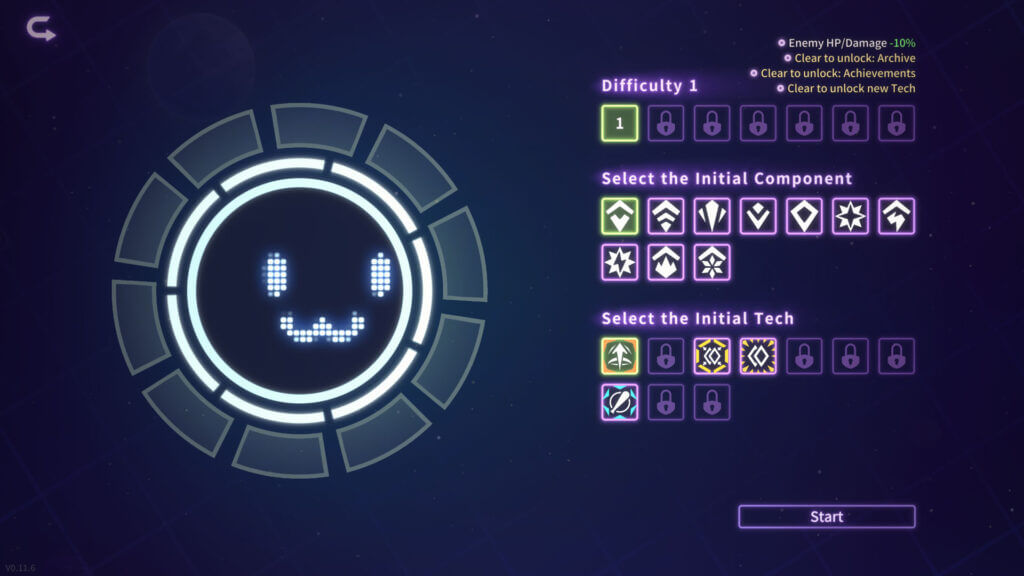Shooper Nova loadout selection screen with difficulty level, component icons, and initial tech choices.