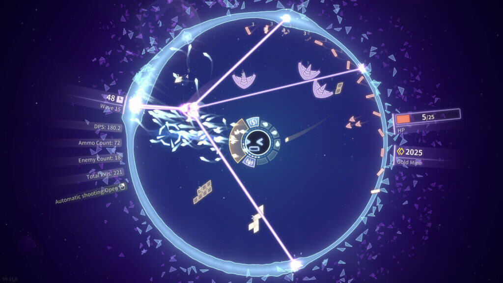 Shooper Nova mid-battle showing three crossing purple laser beams and enemies approaching.