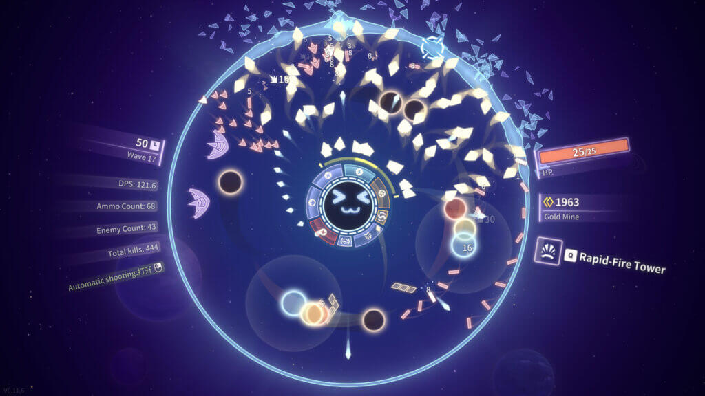 Shooper Nova gameplay during Wave 17 with radial scatter projectiles, 43 enemies, and 121.6 DPS.