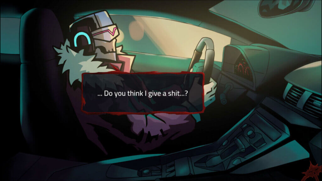 Character in skull-themed helmet driving while delivering a sarcastic line.