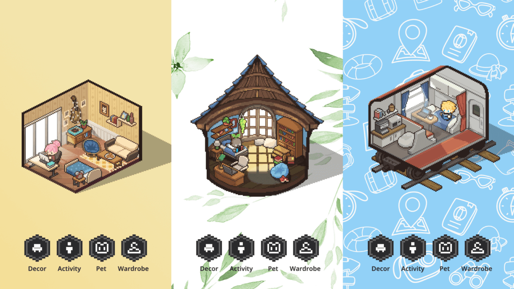 Three customizable rooms from Mini Cozy Room: Lo-Fi featuring home, cottage, and train-themed pixel-art spaces.