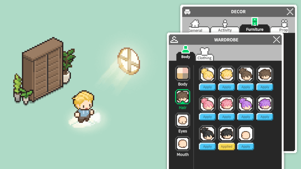 Gameplay screenshot showing wardrobe customization with character hairstyles and decor options in Mini Cozy Room.
