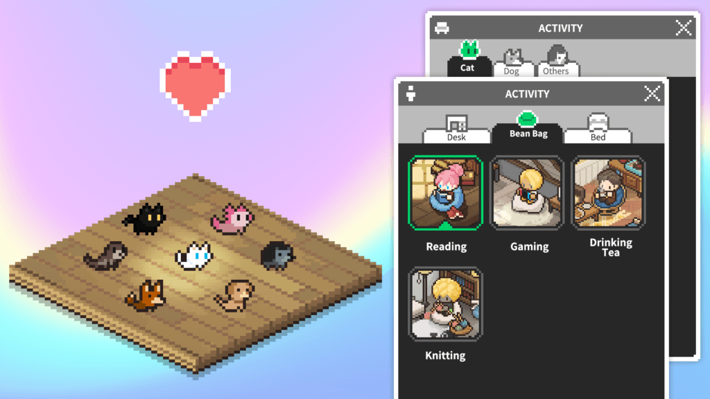 Gameplay screenshot featuring pet choices and various leisure activities like reading and gaming