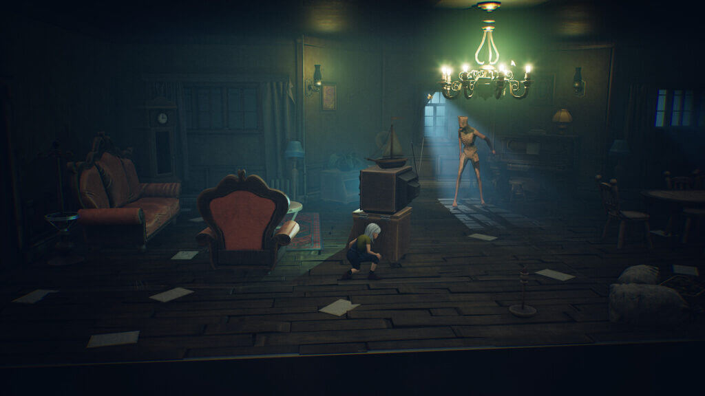 Ayasa hiding behind a TV while a grotesque humanoid creature patrols a dark Victorian-style room.