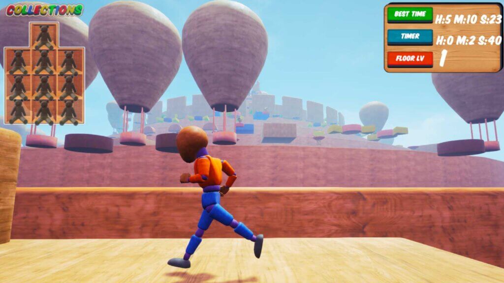 Player character running across a wooden platform with large balloon structures and mountain obstacles in the distance.