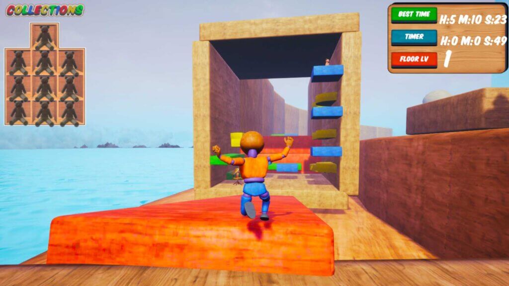 Player character approaching a vertical climbing challenge with colored platforms inside a wooden frame.