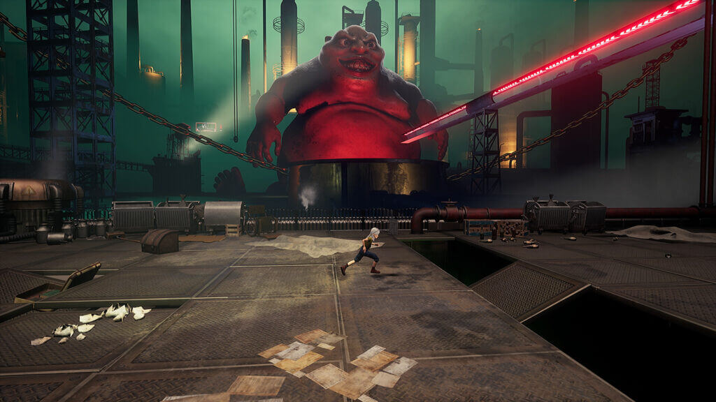 Ayasa running through an industrial arena watched by a massive, grotesque red monster.