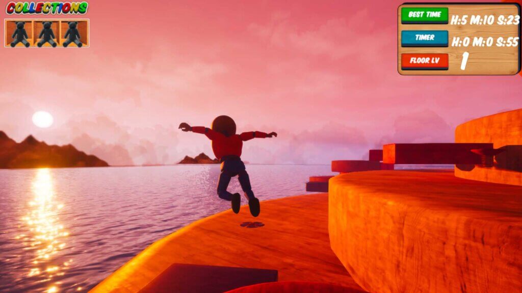 Player leaps across wooden platforms at sunset over a body of water.