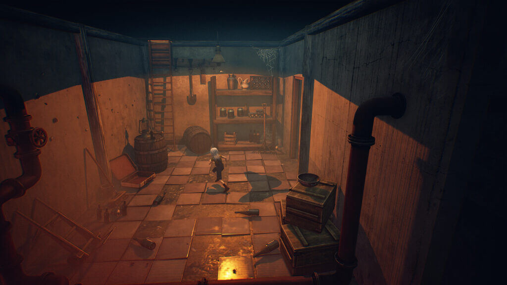 Ayasa explores a dim, cluttered basement filled with shelves, barrels, and pipes.