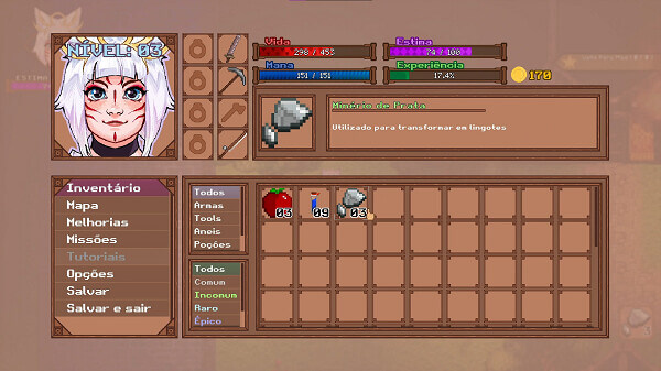 A screenshot from the inventory of Esteem - The Little Wolf Saga. All items are uniquely created and have peculiar characteristics.