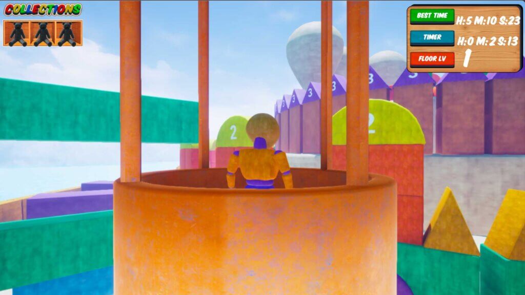 Player riding inside an orange hot air balloon surrounded by colorful block structures and numbered zones.