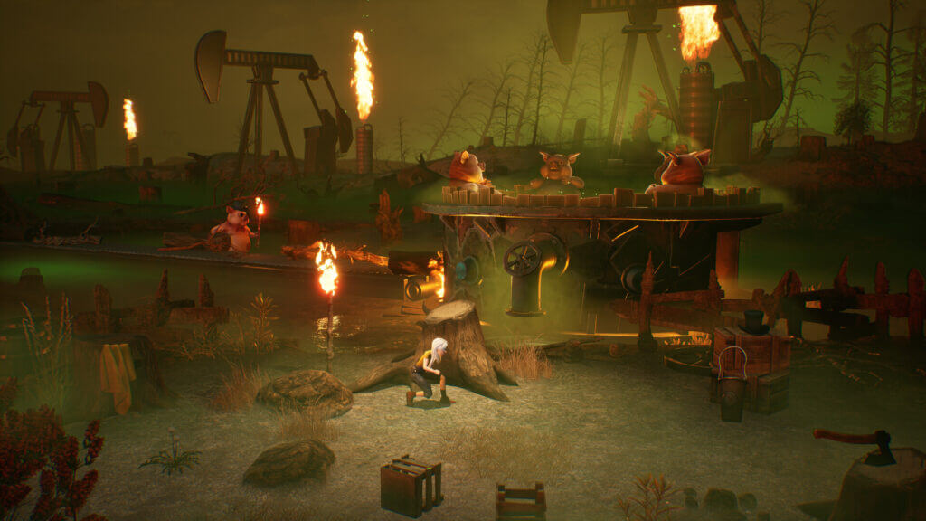 Ayasa sneaks through a fiery, polluted wasteland surrounded by torch-wielding pig-like creatures.