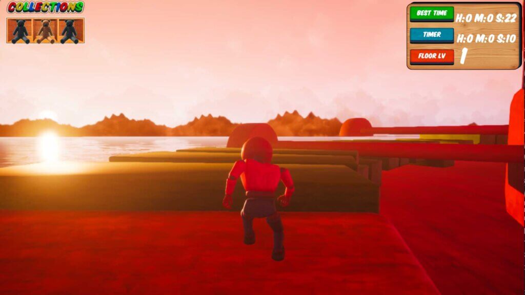 Player running across red platforms during a warm-lit sunset scene with the timer and floor level displayed.