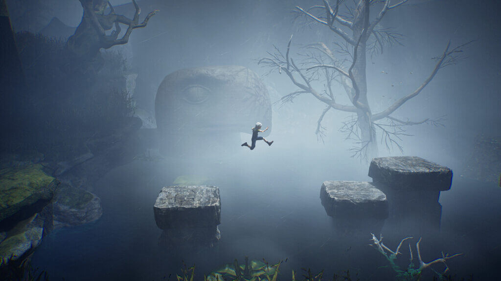 Ayasa leaps over mist-covered stone platforms in a foggy, enchanted forest.