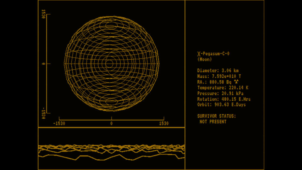 Screenshot of the game interface showing an asteroid X-Pegasum-C-0 (Moon) with survivor status NOT PRESENT
