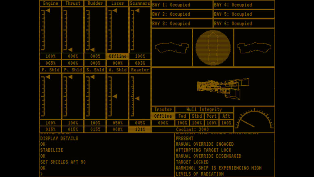 Astra Protocol 2 game interface showing spaceship experiencing high levels of radiation.