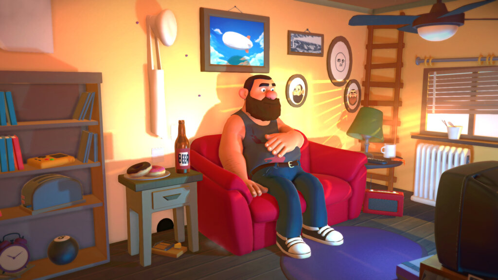 Main protagonist of Suicide Guy sitting on the couch in a messy living room while daydreaming.