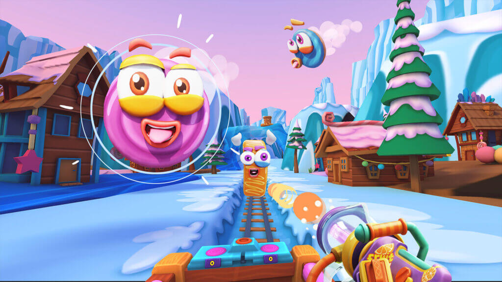 First-person VR minecart scene in a snowy candy village with giant flying dessert enemies.
