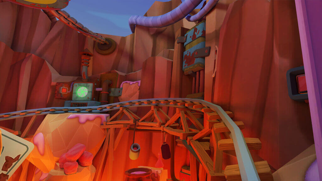 Wooden rollercoaster-style rails curving through a rocky, candy-themed canyon with glowing machinery.