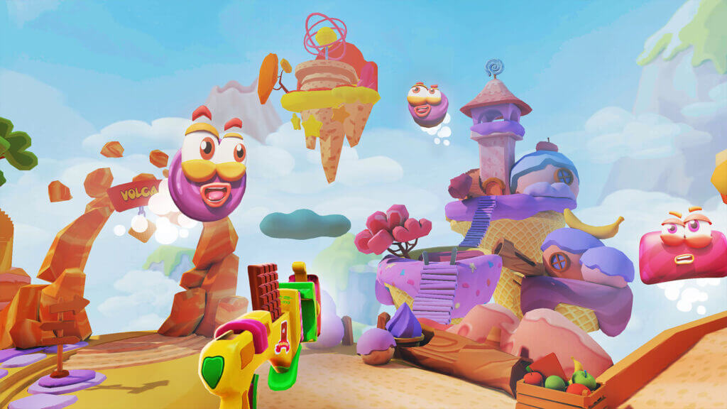 Bright candyland landscape with donut-shaped enemies and a whimsical fruit juice weapon in view.