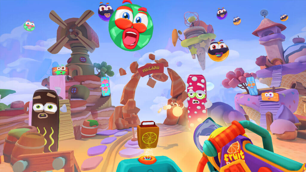 VR battle scene with multiple dessert creatures in a flying shootout near the