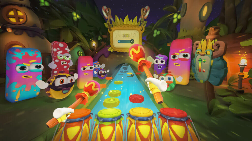 Drumming rhythm challenge in VR surrounded by colorful candy characters cheering.