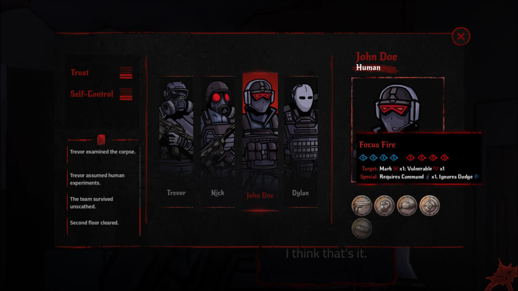 Squad selection screen showing four mercenary characters and stats.