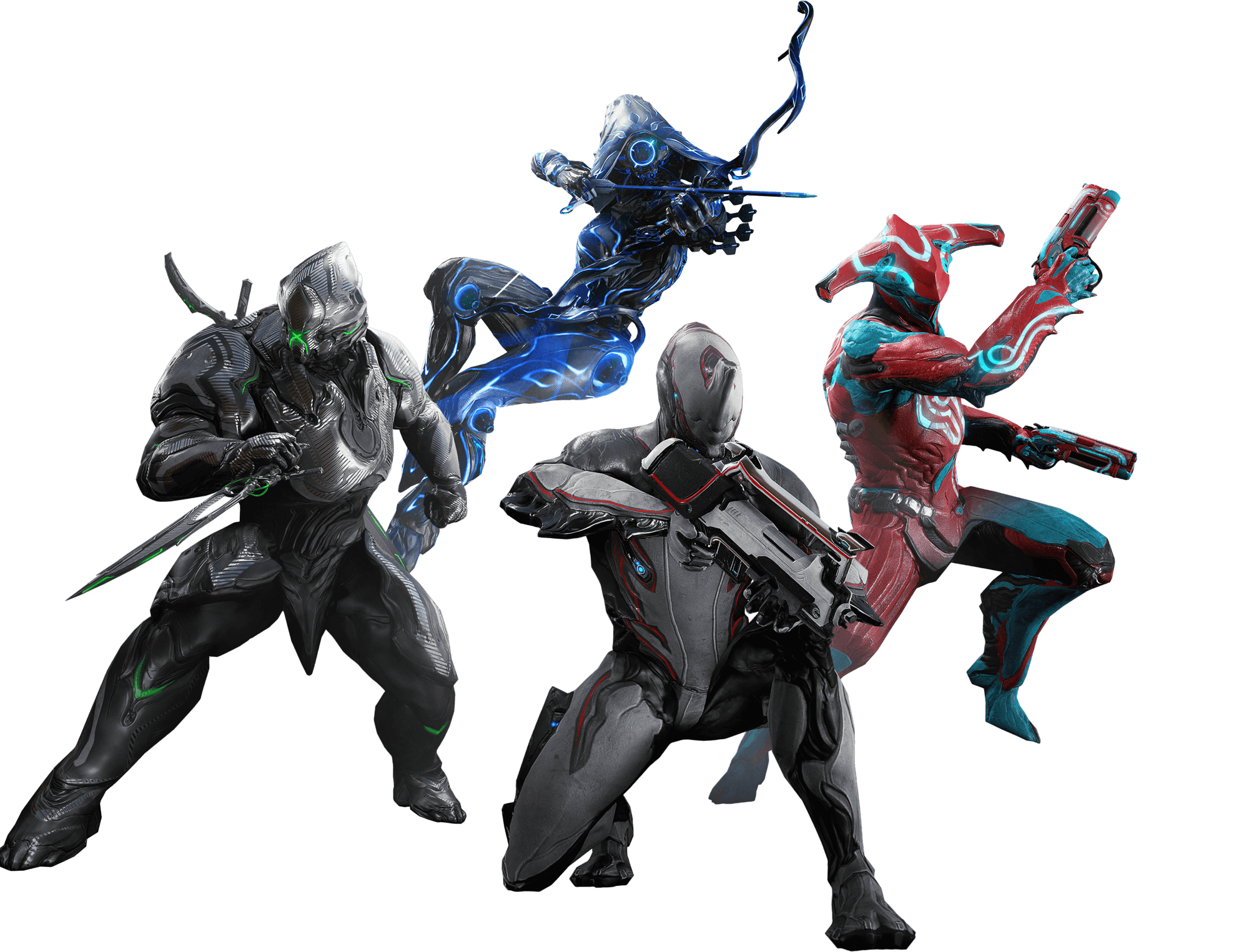 Warframe squad posing for the Android beta promotional art.