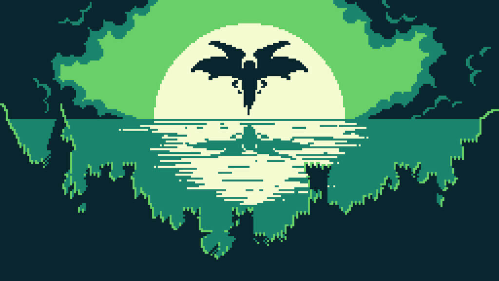 Cutscene artwork showing a bat-winged figure flying over a moonlit sea in The Edge of Allegoria.