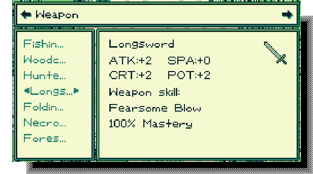 Weapon inventory screen in The Edge of Allegoria showing the Longsword stats and 100% mastery.