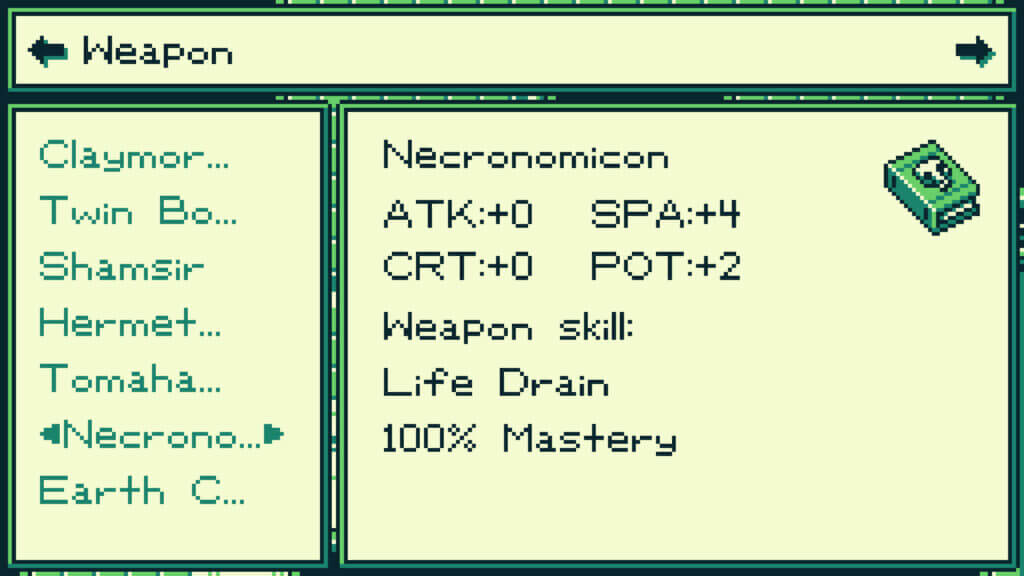 Weapon menu in The Edge of Allegoria showing the Necronomicon with Life Drain skill and full mastery.